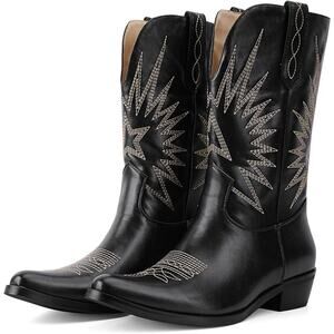 QIV Women Western Cowgirl Boots Mid Calf Star Embroidery Pointed Toe